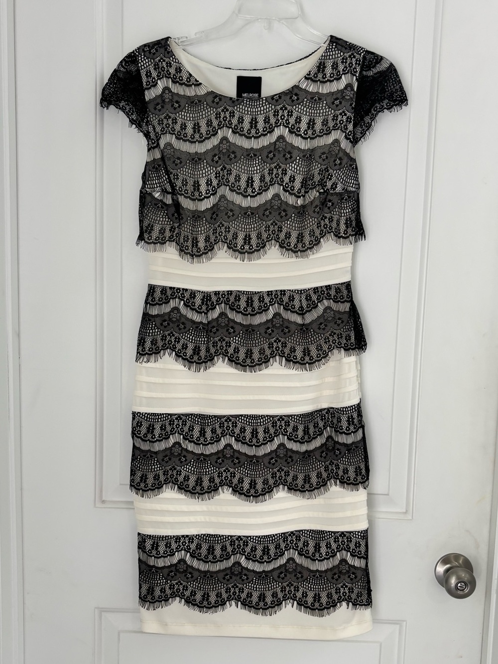 Melrose Ivory Black Lace Overlay Midi Tiered Sheath Dress Cap Sleeves